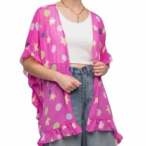 NEW Easel Hot Pink Star & Smiley Print Ruffle Kimono LARGE